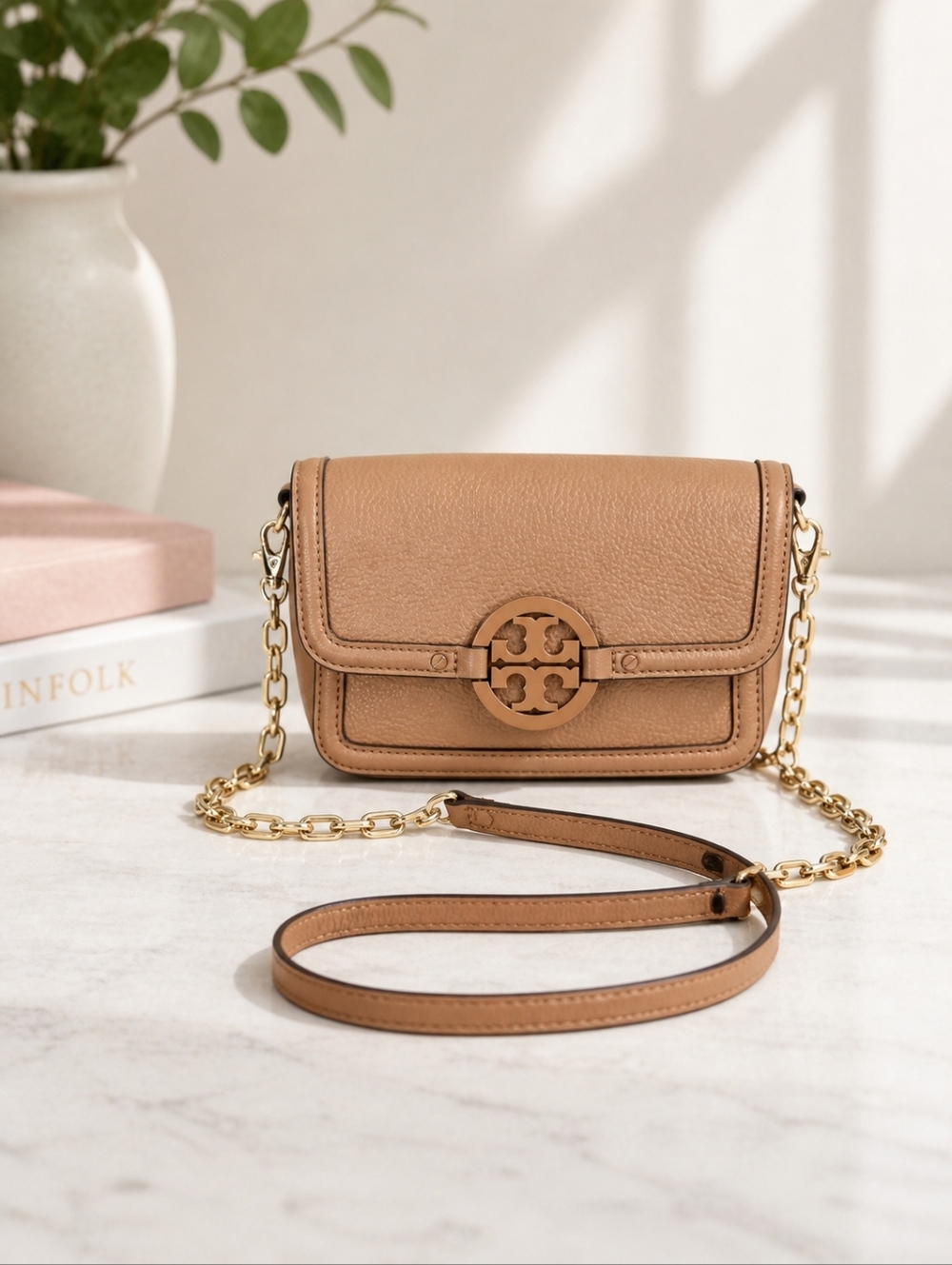 Tory Burch Tan Crossbody Bag with Gold Chain with COA